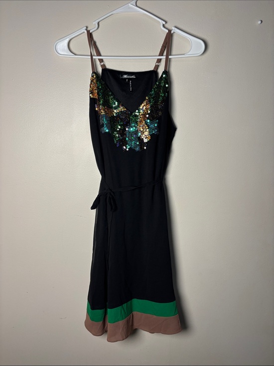Marineblu Dresses & Skirts - Marineblu Black Midi Dress with Green, Tan & Multicolor Sequins